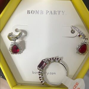 🎅🏽Bomb party Silver and Garnet Red Jewelry Set earrings and Ring Sz 6